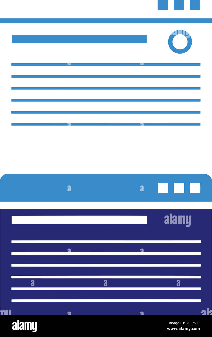 Minimalist browser wireframe UI template in blue and grey showing structured page layout for web developers. Stock Vector