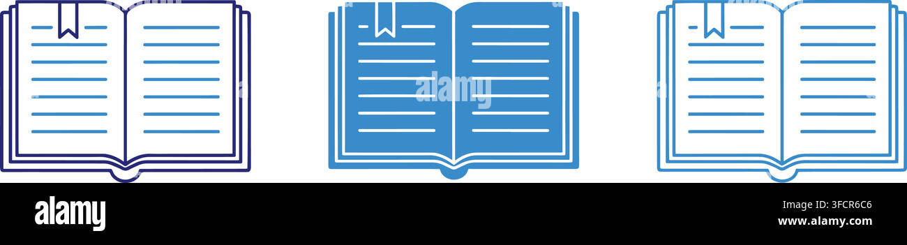 Open notebook and textbook blue outline icons represent education study materials and library resource elements. Stock Vector