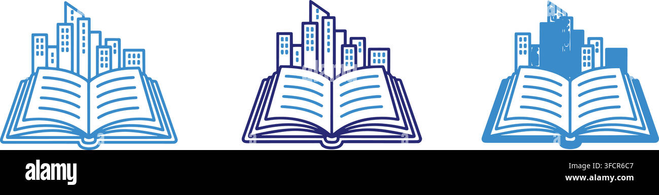 Open book icon with abstract cityscape elements symbolizing knowledge and urban development growth. Stock Vector