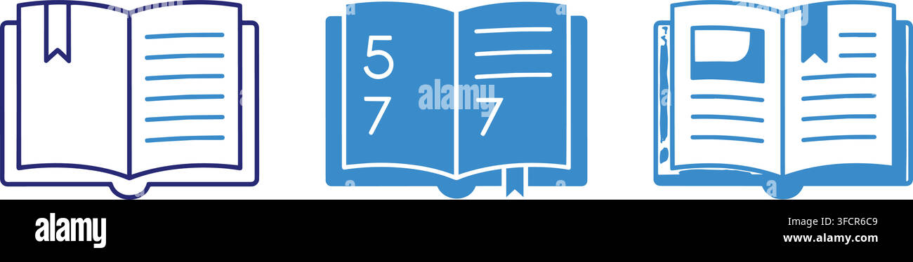 Open book illustrations containing linear symbols text lines and bookmarks for academic study reading projects. Stock Vector