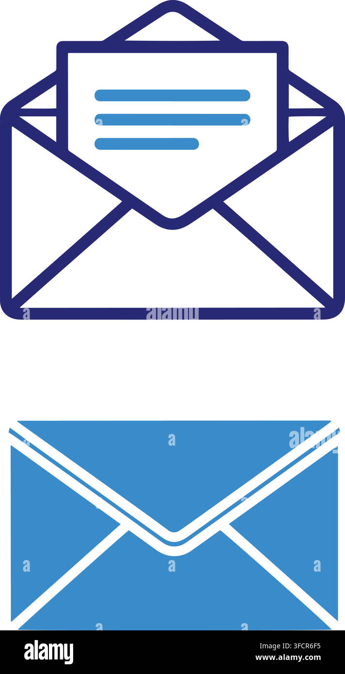 Opened blue outline mail envelope with letter and solid blue closed mail envelope representing communication. Stock Vector