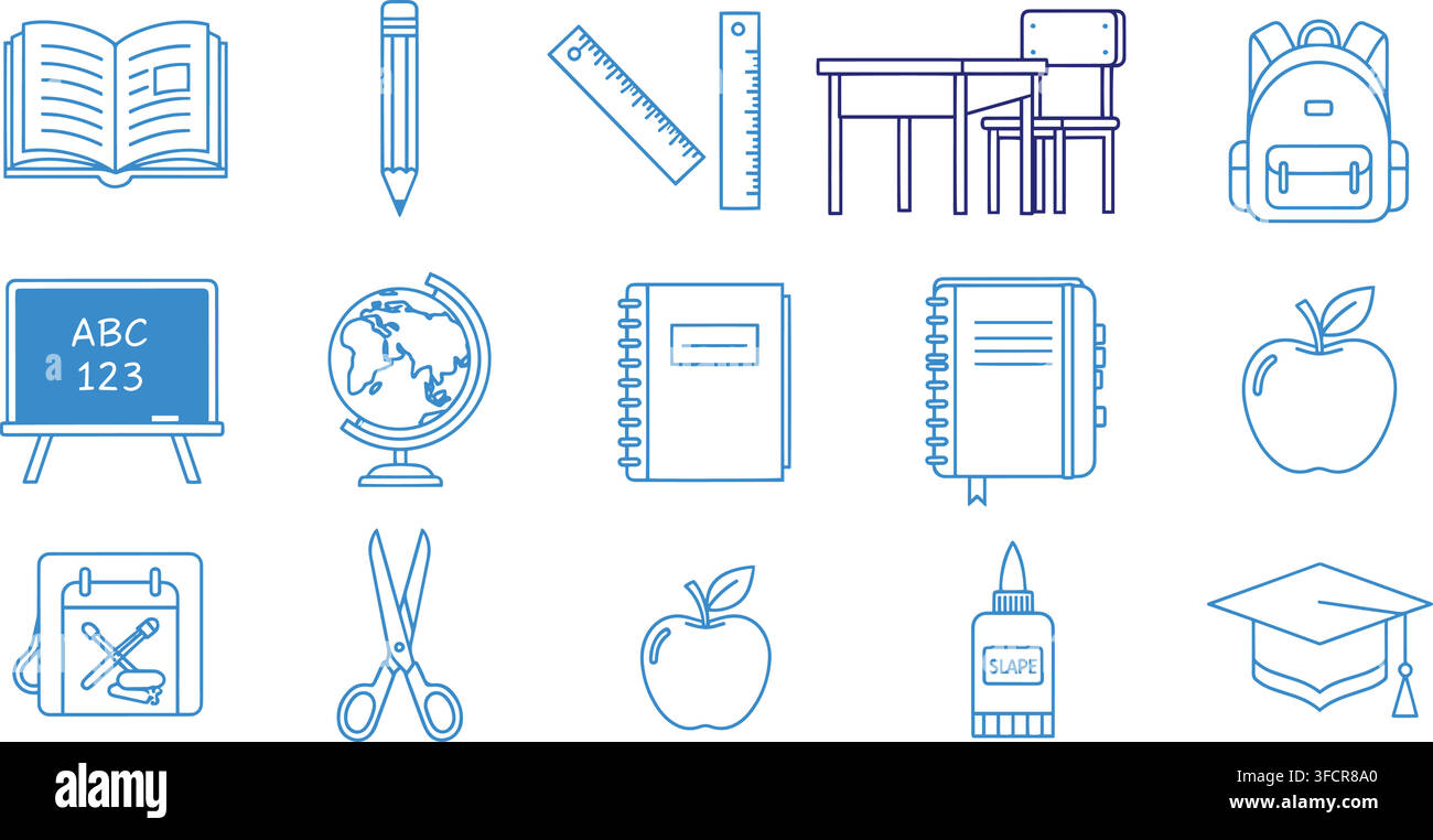 School supplies icon set blue outline illustration for education classroom study learning materials. Stock Vector