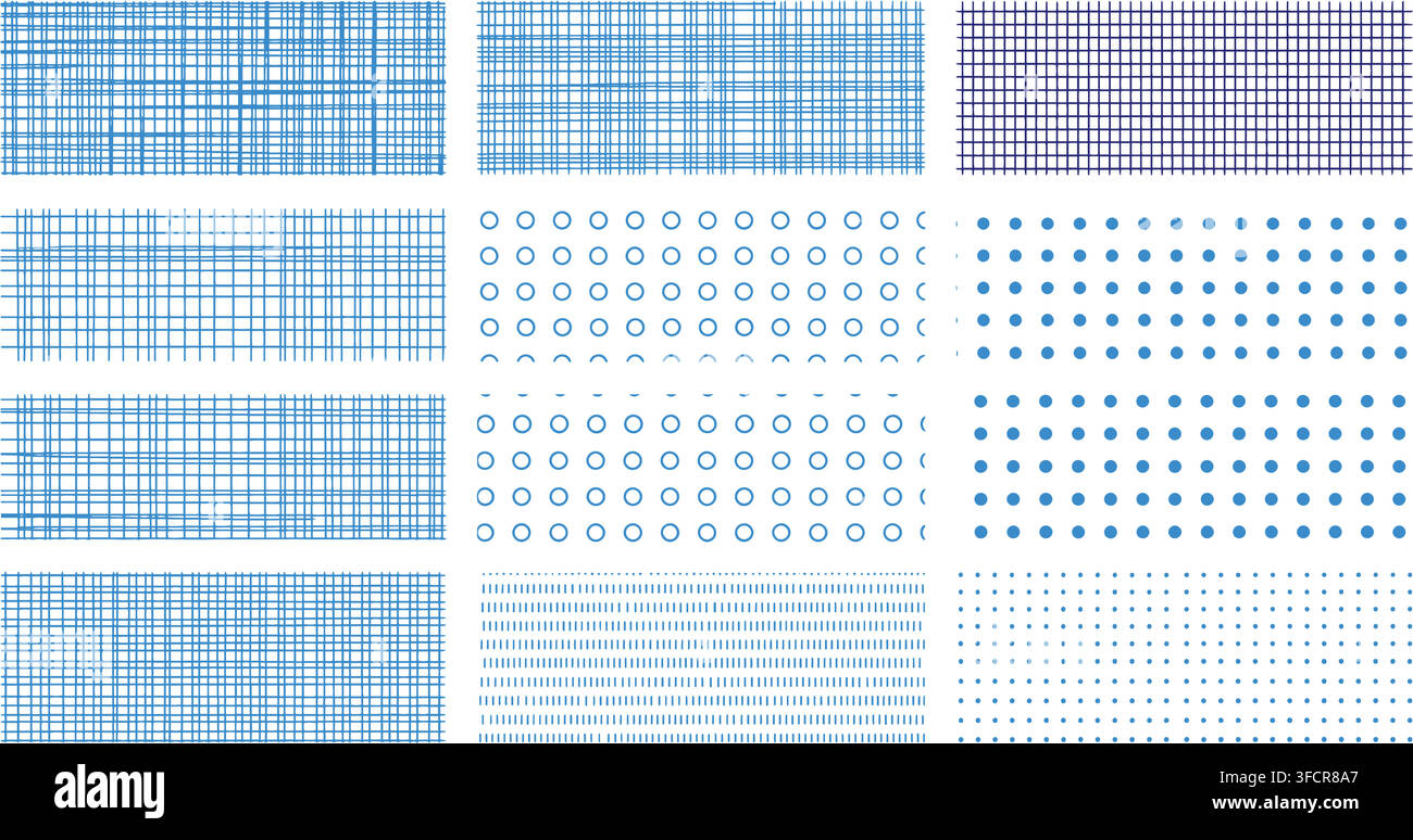 Seamless blue striped and dotted grid patterns vector background texture on transparent. Stock Vector