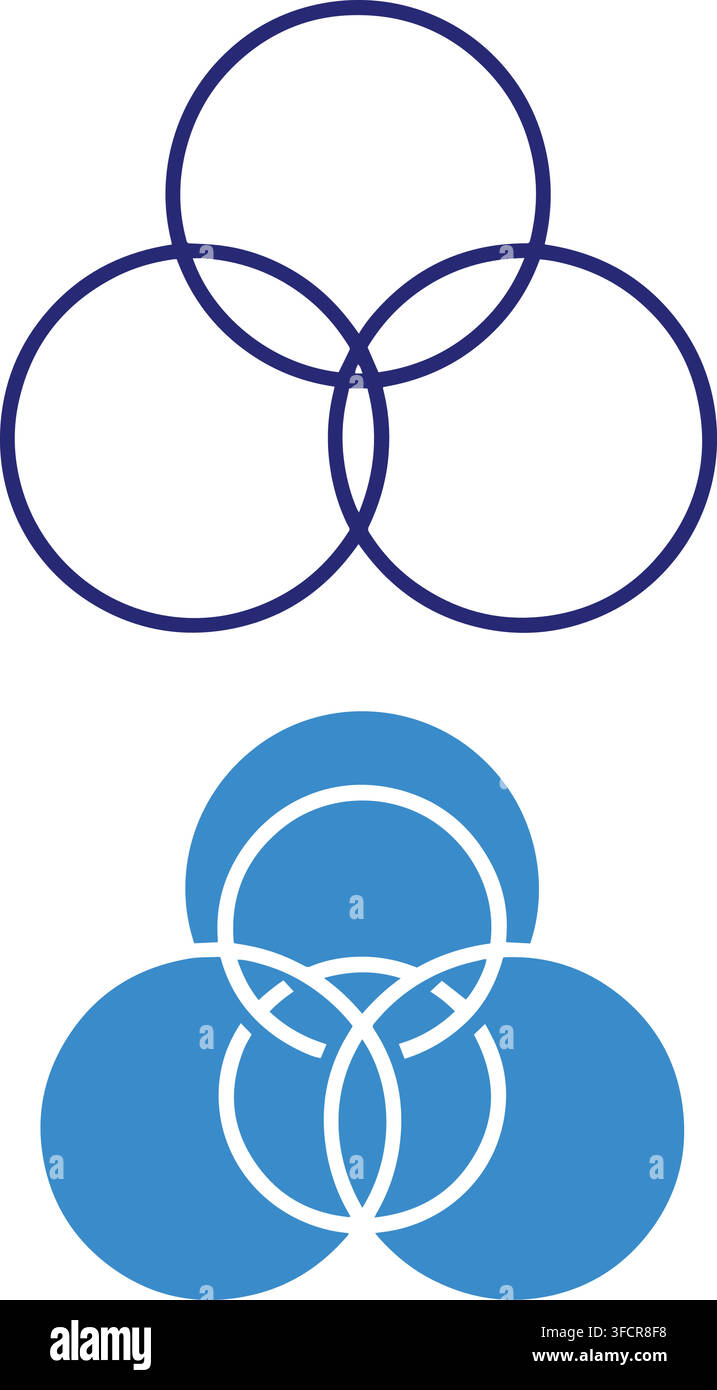 Venn diagram intersection circular shape outline and solid blue color emblem for visual data analysis chart. Stock Vector