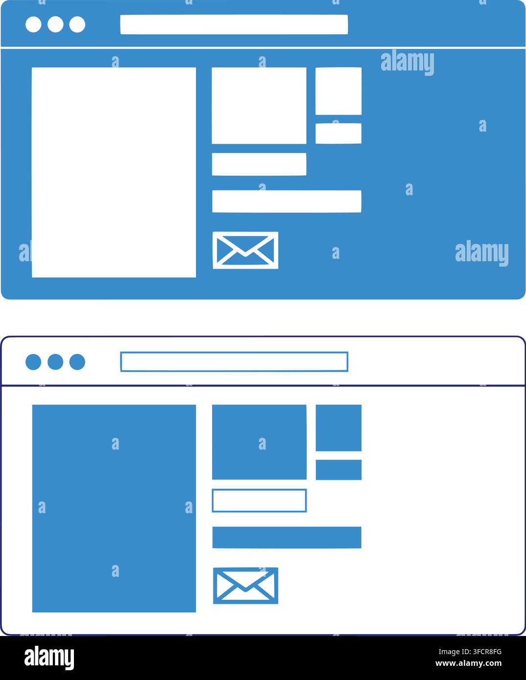 Website layout wireframe templates in solid blue and outline styles ideal for digital design presentations. Stock Vector