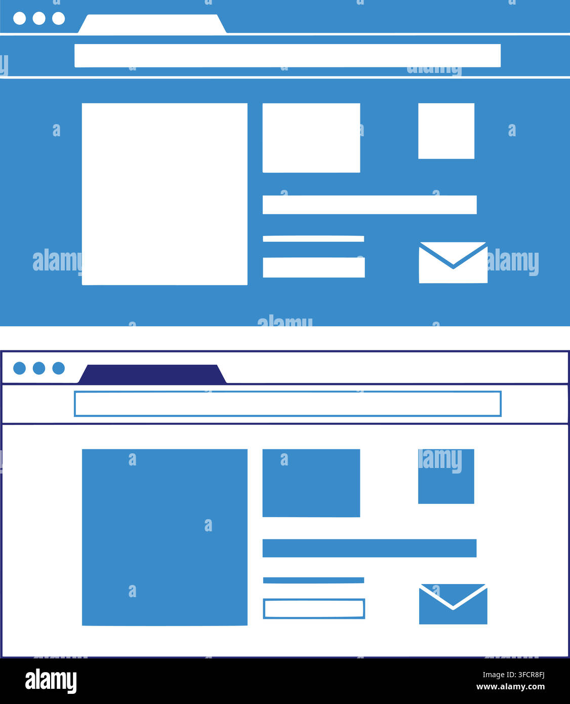 Website browser user interface wireframe blue vector layout templates representing blog design for desktop. Stock Vector