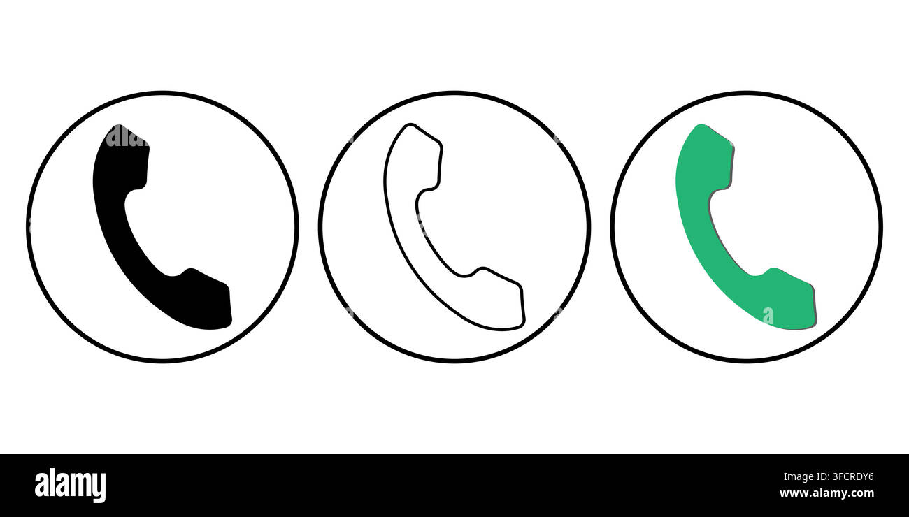 Minimalist telephone receiver icon set with online chat speech bubbles inside circular frames featuring multiple graphic style variations Stock Vector