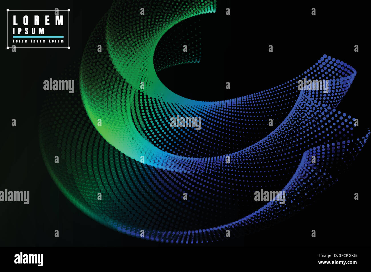Abstract green and blue dot waves on dark background, symbolizing motion, depth, and futuristic digital vector design for technology and creative art. Stock Vector