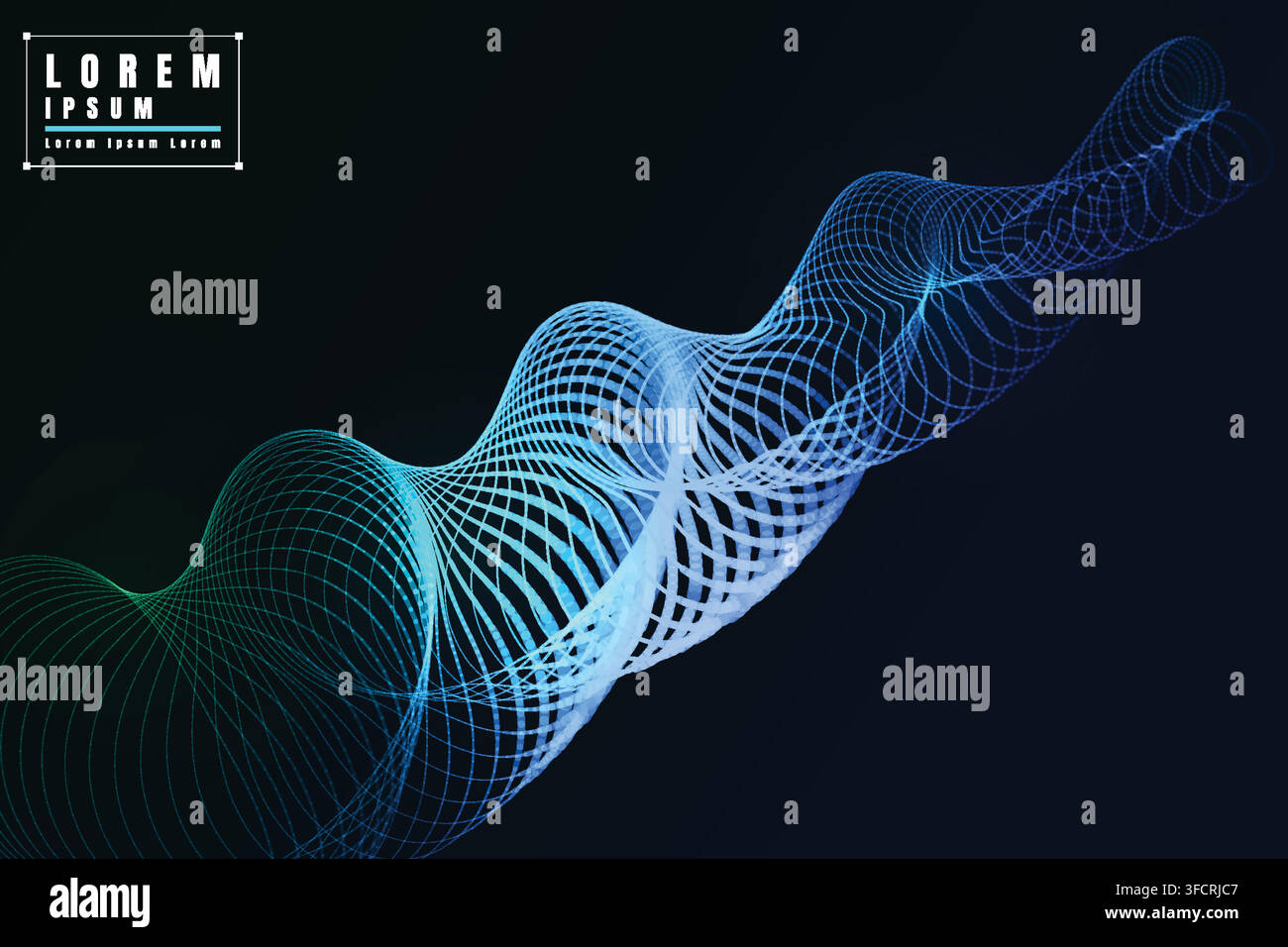 Abstract wave mesh in teal and blue lines on dark background, symbolizing motion, depth, and modern digital vector design for technology and art. Stock Vector