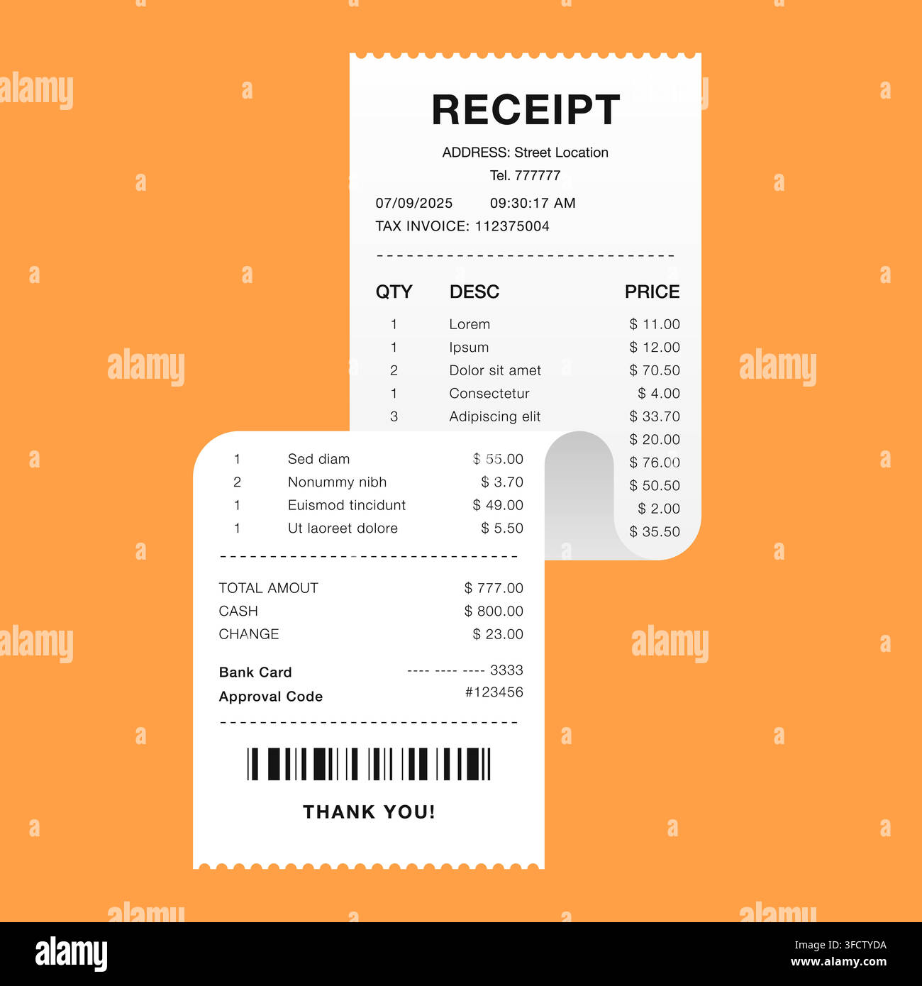 Overlapping Shopping Receipts with Barcode on Orange Background Vector Illustration Stock Vector