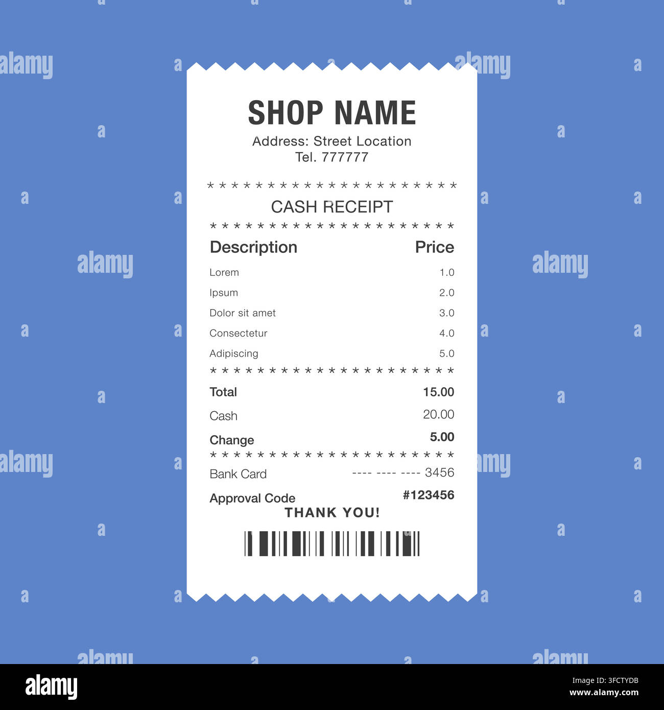 Minimalist Cash Receipt with Barcode on Blue Background Vector Illustration Stock Vector