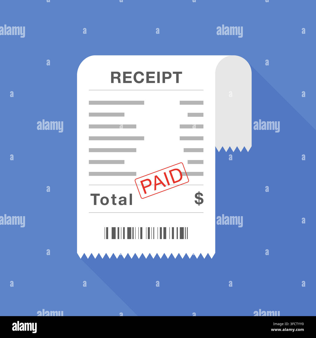Folded Receipt with Paid Stamp and Barcode on Blue Background Vector Illustration Stock Vector