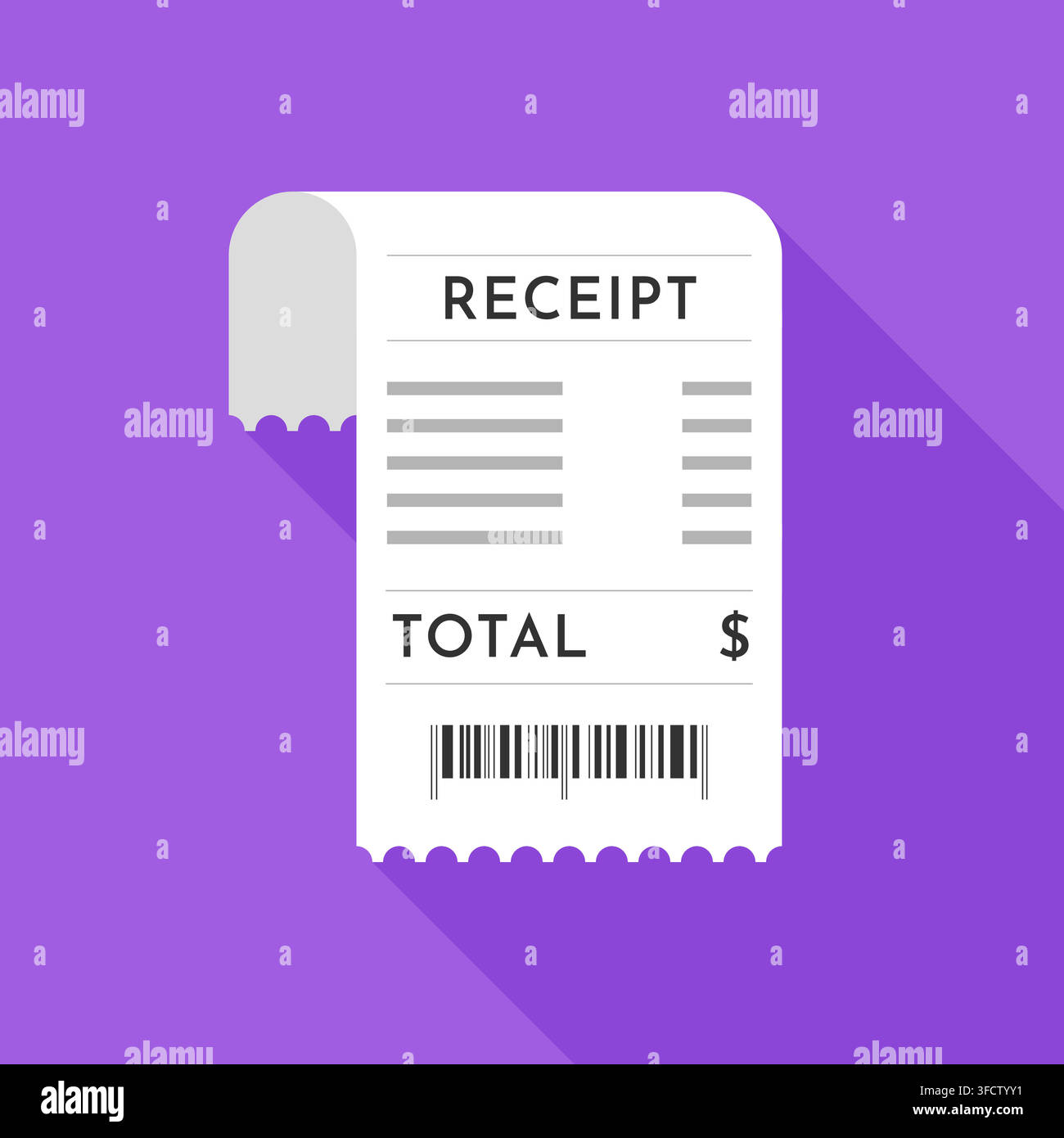 Flat Design Shopping Receipt with Barcode on Vibrant Purple Background Featuring Long Shadow Effect Stock Vector