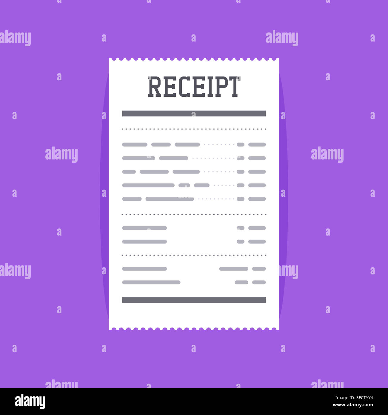 Flat Style Receipt Document with Shadow and Detailed Text on Purple Square Background Illustration Stock Vector