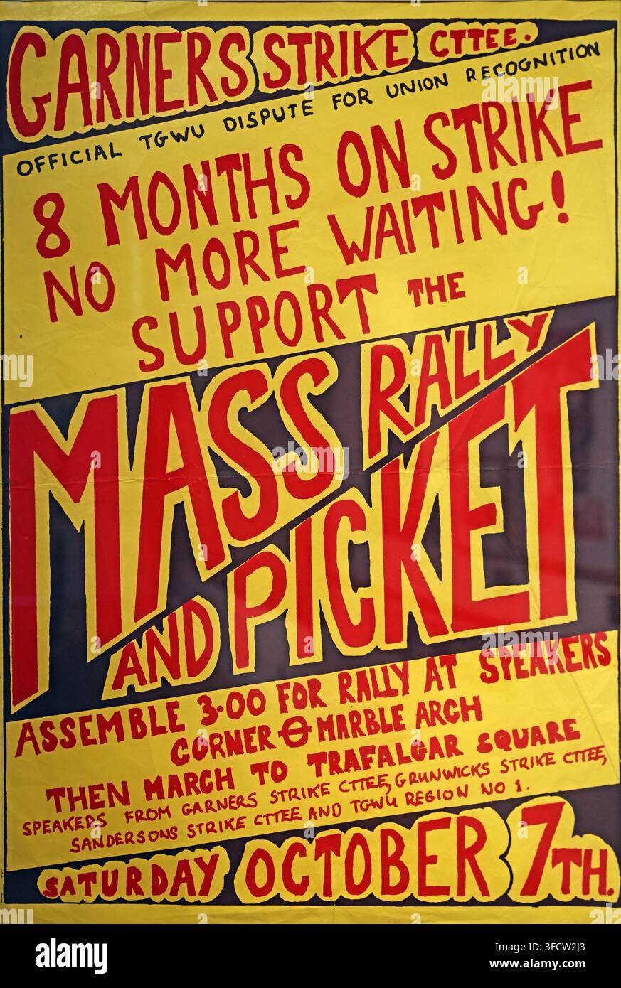 Historic British trade-union strike poster calling for a mass rally and picket after eight months of dispute. 8 months on strike Stock Photo