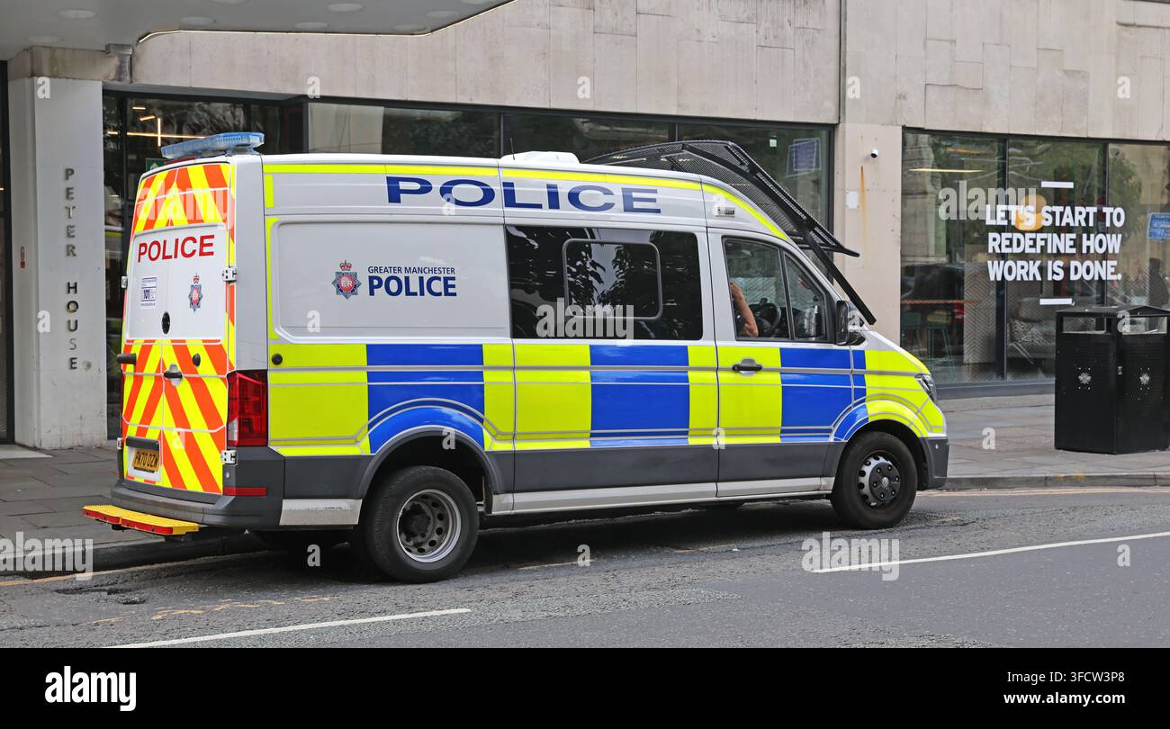 Greater Manchester Police van parked outside Peter House on Oxford Street, Manchester. Stock Photo
