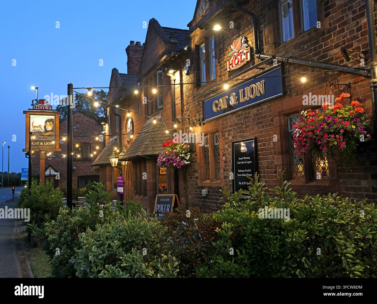Evening view of the Cat & Lion Joseph Holt pub at Stretton near Warrington. Stock Photo