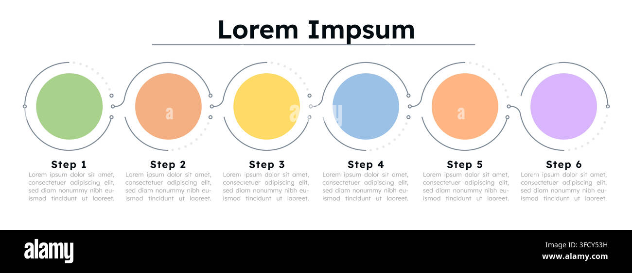 Flat colored circular empty infographic template. Horizontal flow chart layout. Vector diagram blank design with 6 steps. Editable info graphic with o Stock Vector