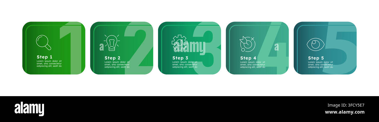 Green colored linear workflow infographic 5 steps Stock Vector