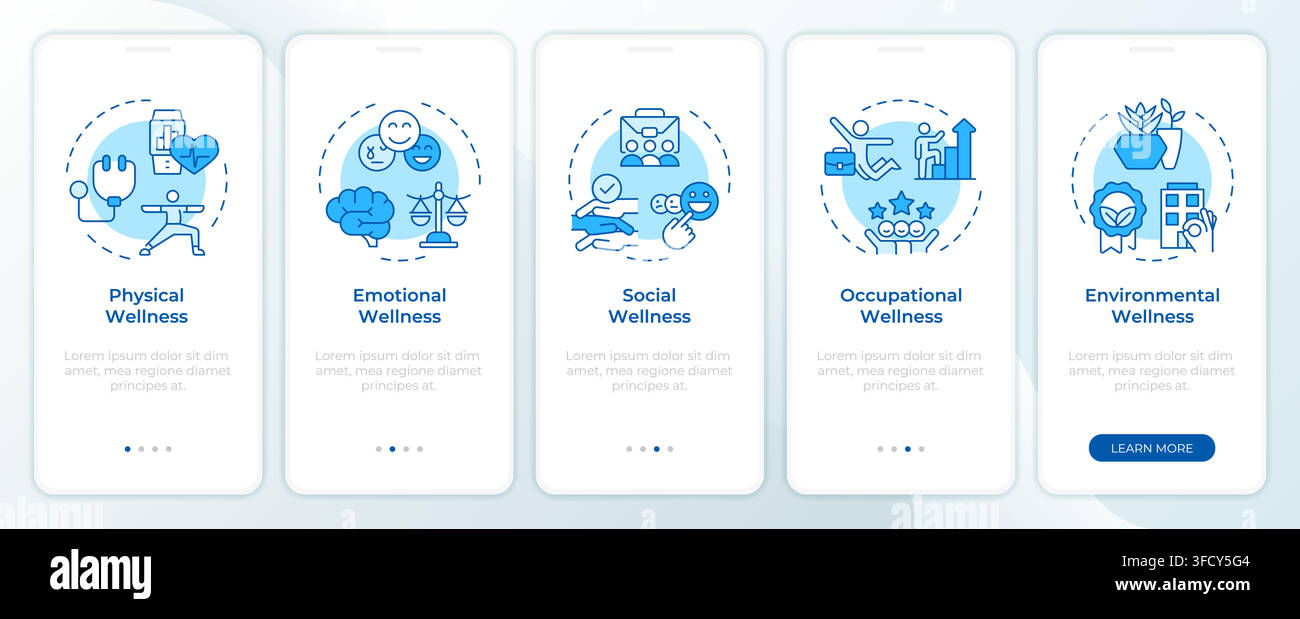 Employee wellness dimensions onboarding mobile app screen Stock Vector