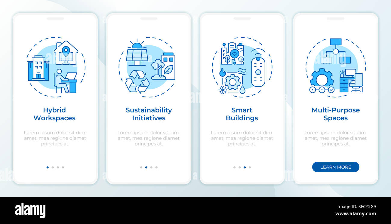 Trends in space management onboarding mobile app screen Stock Vector