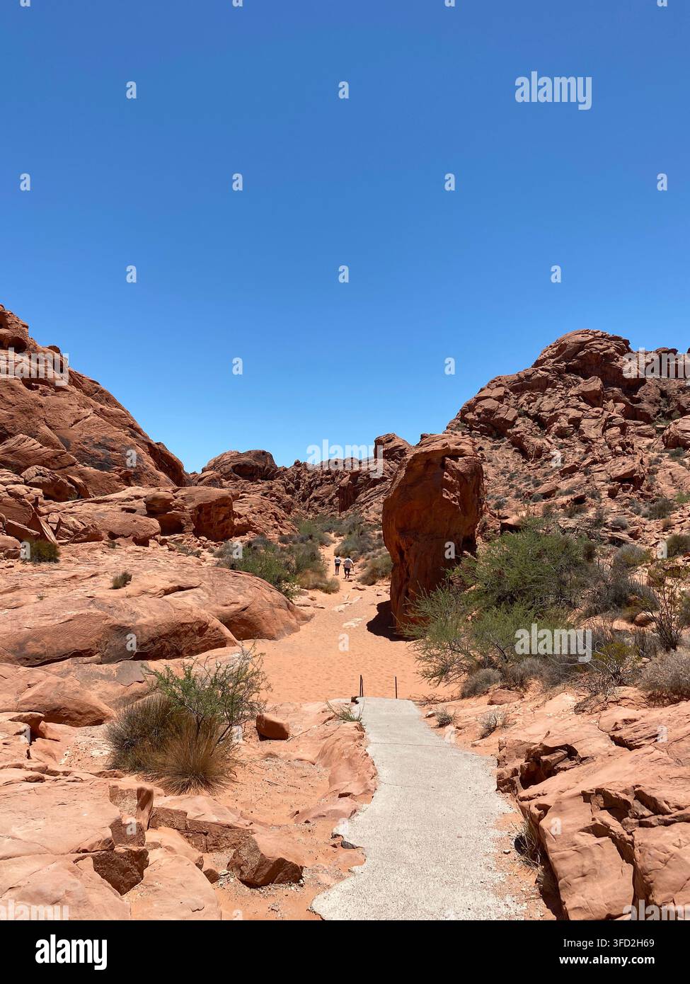 Two hikers on a sandy trail, through red Aztec sandstone rock formations, on a scorching summer day, in the Valley of Fire State Park, Overton, Nevada - Smartphone Captured Stock Image
