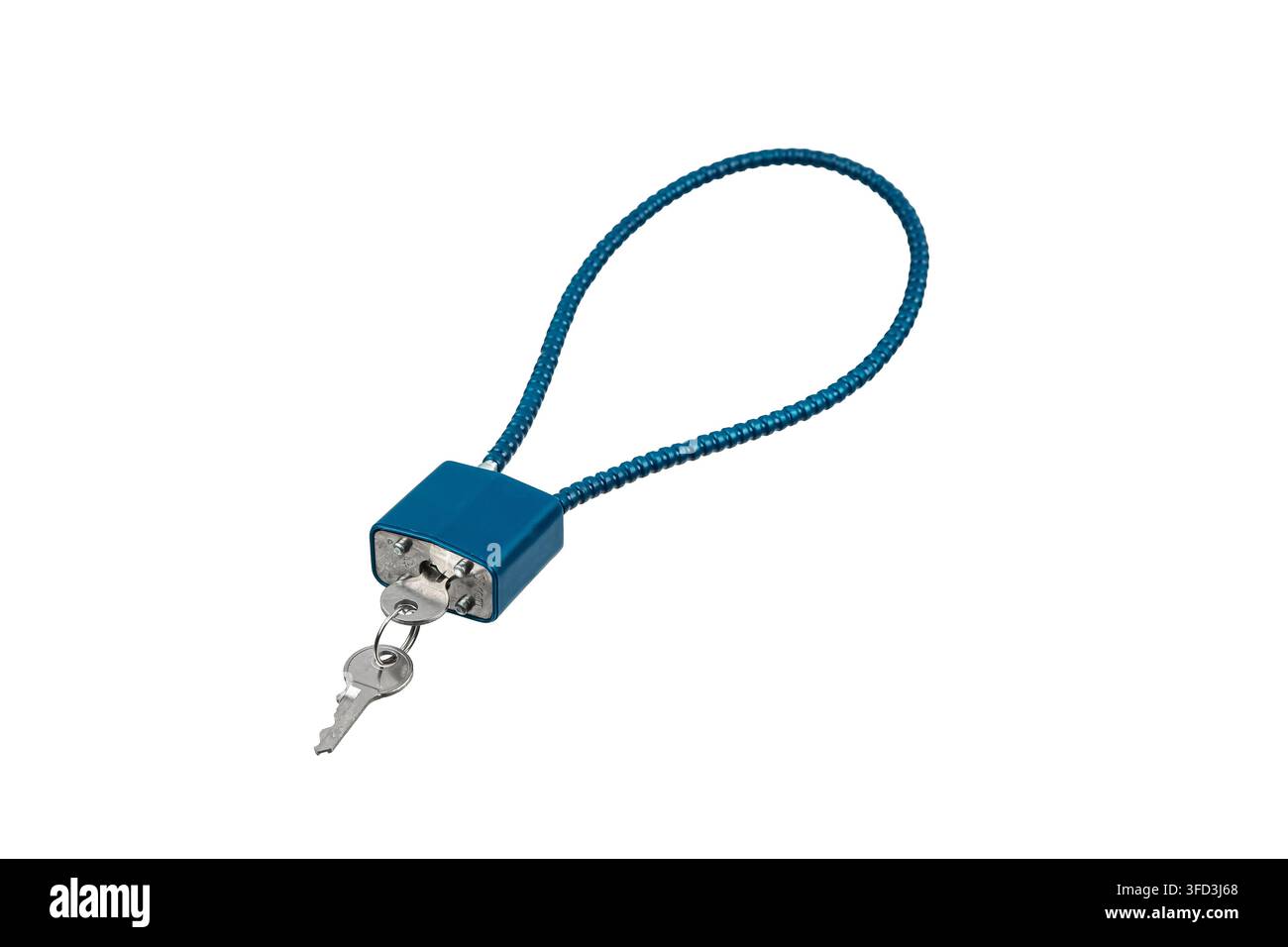 Blue cable gun lock with keys isolated on white. Stock Photo