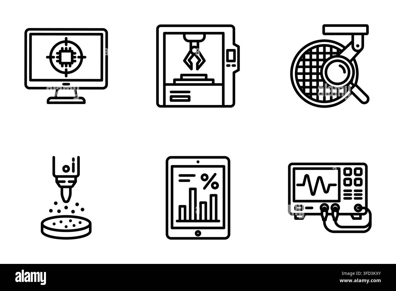 Semiconductor manufacturing tech hardware process line icon set vector illustration Stock Vector
