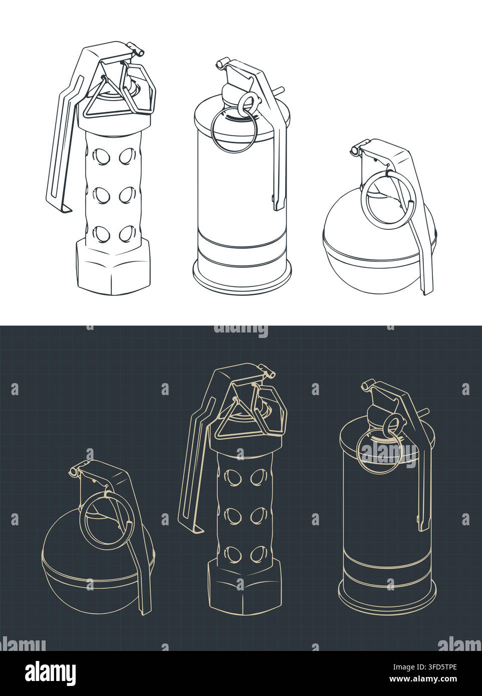 Various military hand grenades isometric blueprints, stylized vector illustrations Stock Vector