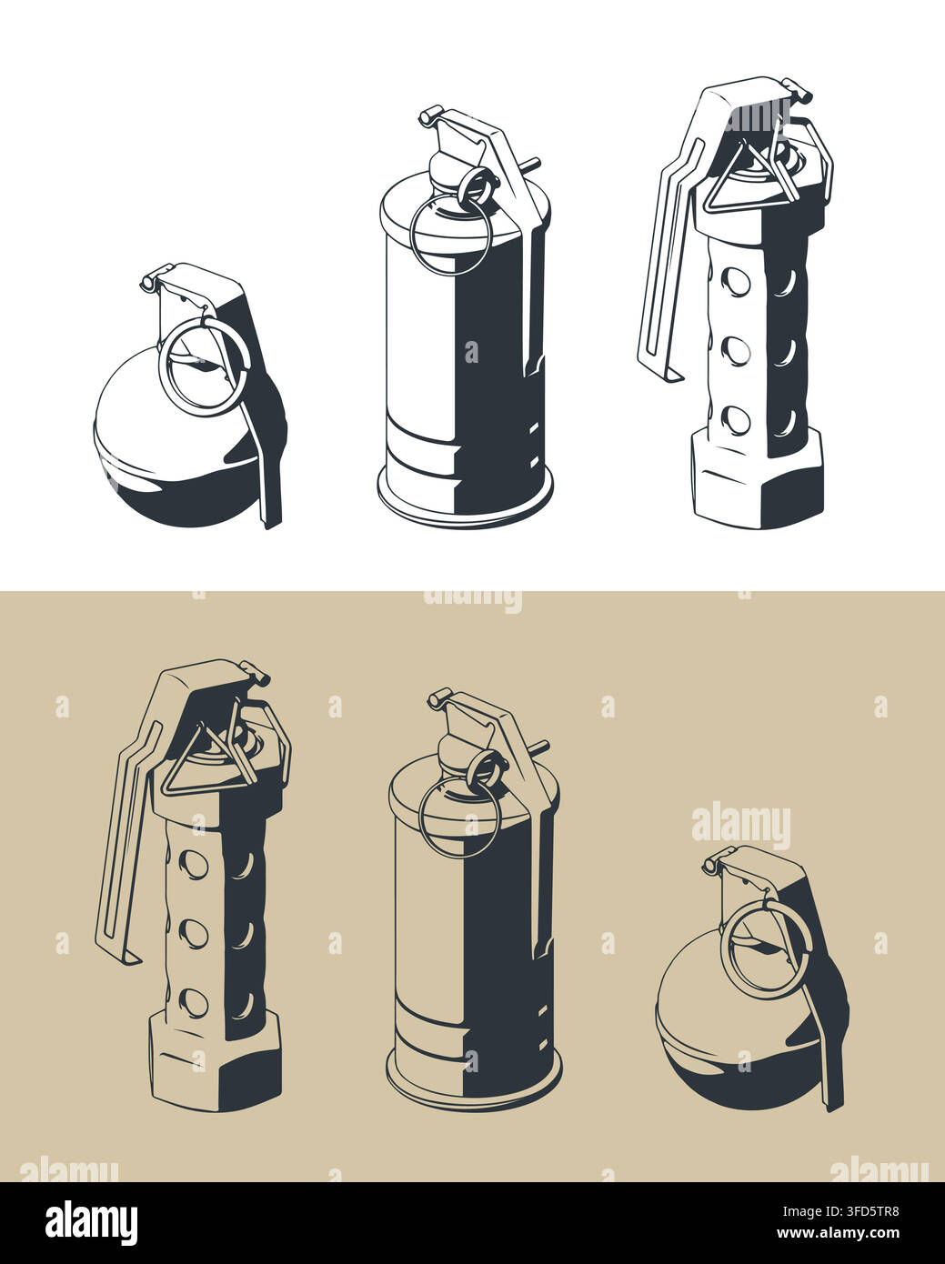Various military hand grenades stylized isometric vector illustration Stock Vector