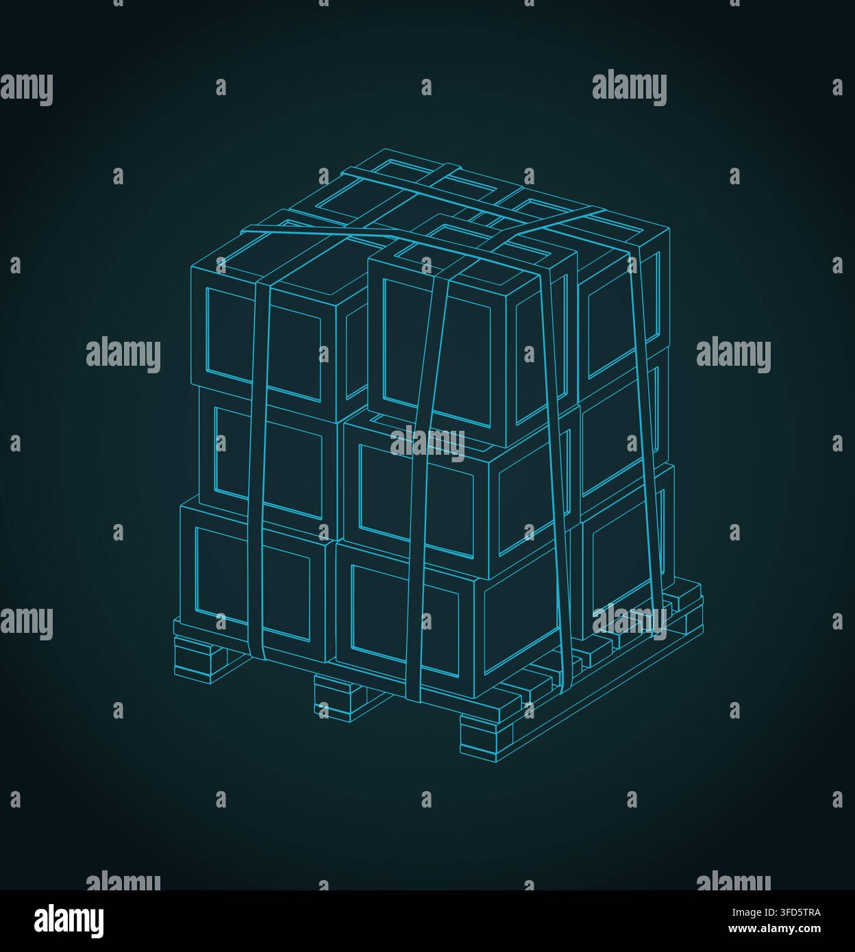Cargo boxes on wooden pallet isometric blueprint, stylized vector illustration Stock Vector