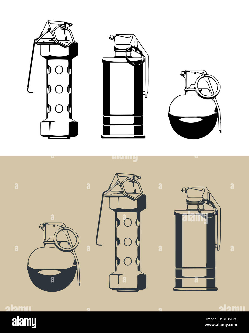 Various military hand grenades stylized vector illustration Stock Vector