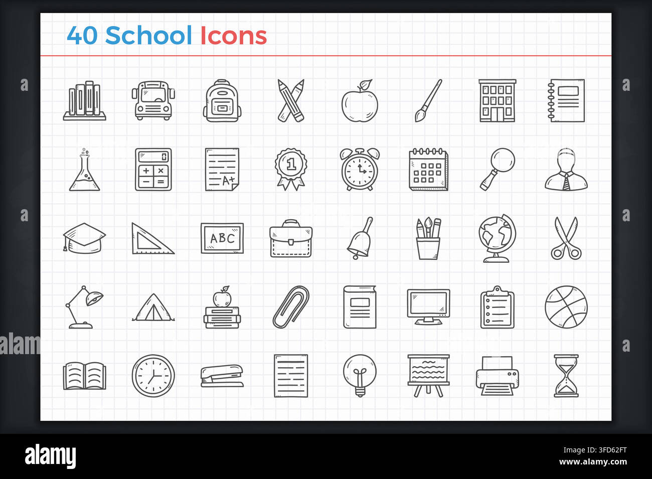 School icons - set of 40 hand drawn school or education objects on paper sheet, vector eps10 illustration Stock Vector