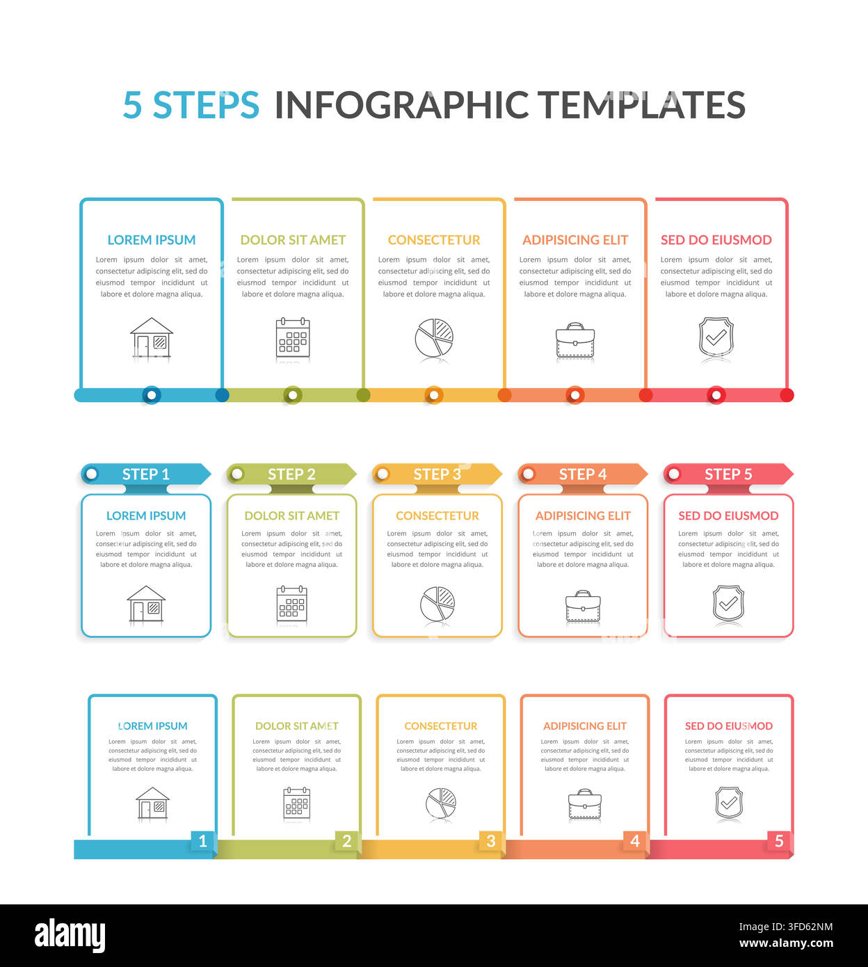 Three infographic templates with five steps, process charts, workflow, vector eps10 illustration Stock Vector