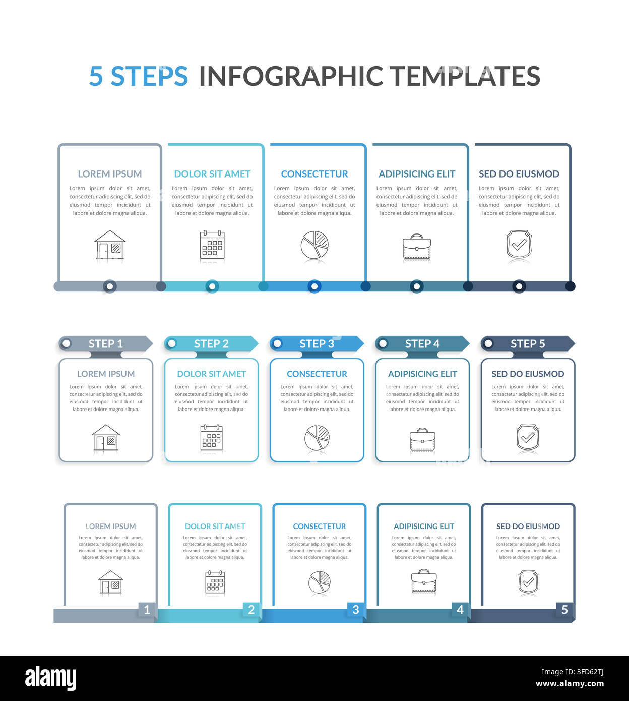 Three infographic templates with five steps, process charts, workflow, vector eps10 illustration Stock Vector