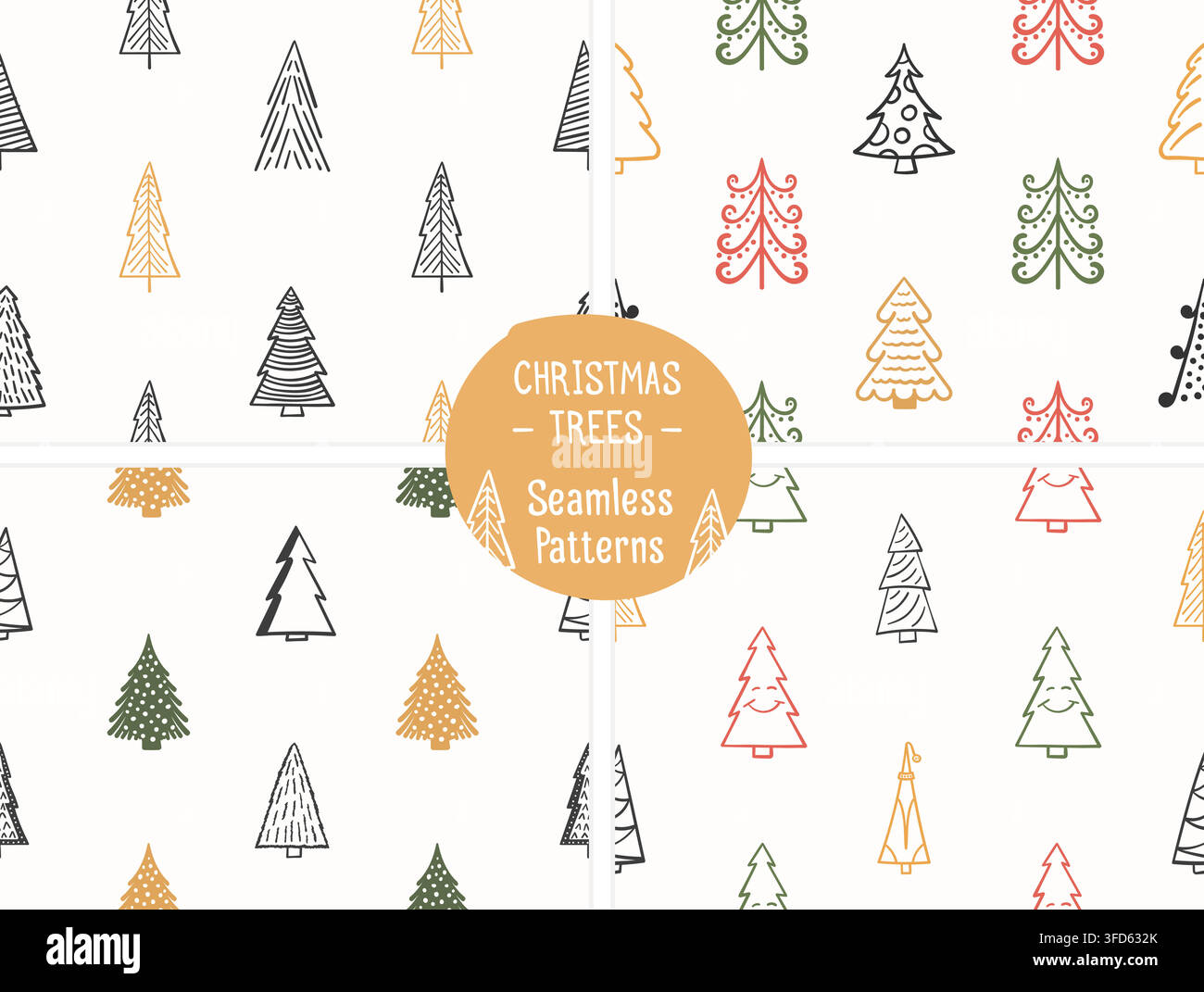 Four seamless patterns with handdrawn Christmas trees, vector eps10 illustration Stock Vector