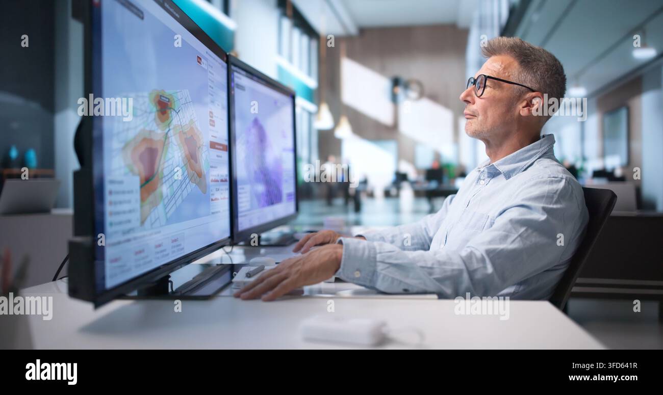 Environmental Scientist Analyzes Flood Risk Maps On Computer For Disaster Planning. Stock Photo