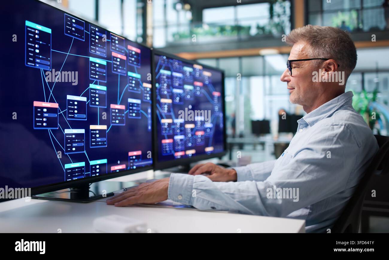 Business Analyst Reviews Low Code Platform Workflow On Desktop Computer. Stock Photo