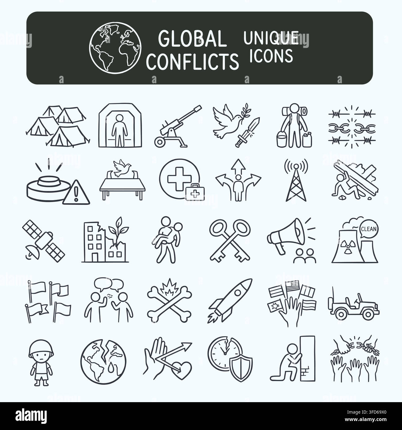 Global conflicts war and humanitarian refugee crisis line icon set vector Stock Vector
