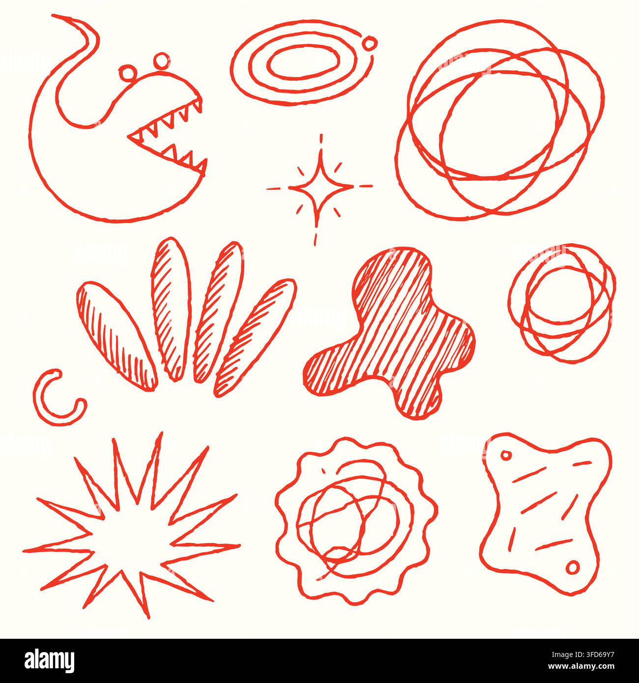 Hand drawn abstract doodle shapes quirky monster and scribbles set vector Stock Vector