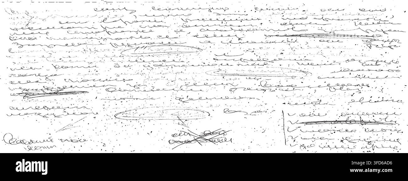Illegible manuscript with looping cursive scribbles and edit marks. Grunge script paper overlay Stock Vector