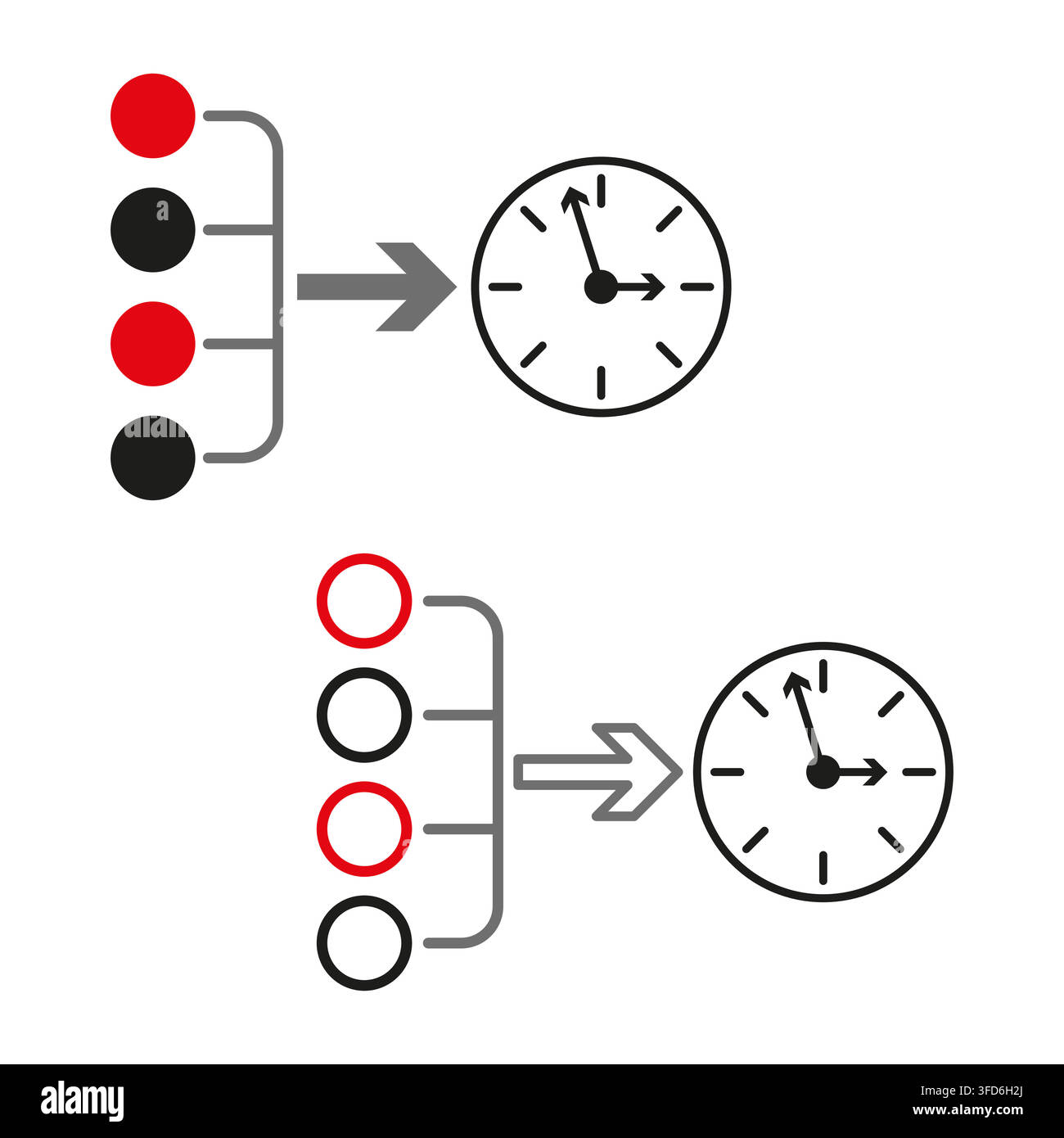 Infographic bullet point vector set features clock arrow connection. It visualizes time management process. eps 10 Stock Vector