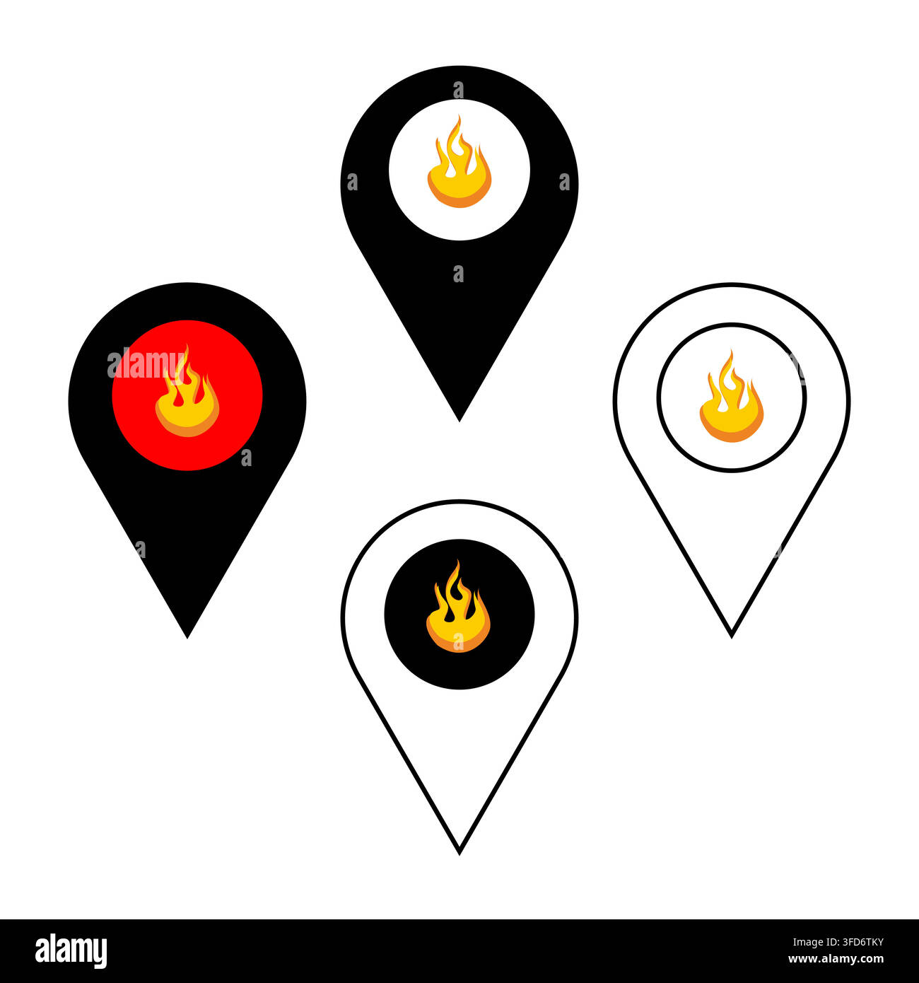 Map pointer pin fire flame vector set features hot location navigation. It represents emergency danger place mark eps 10 Stock Vector