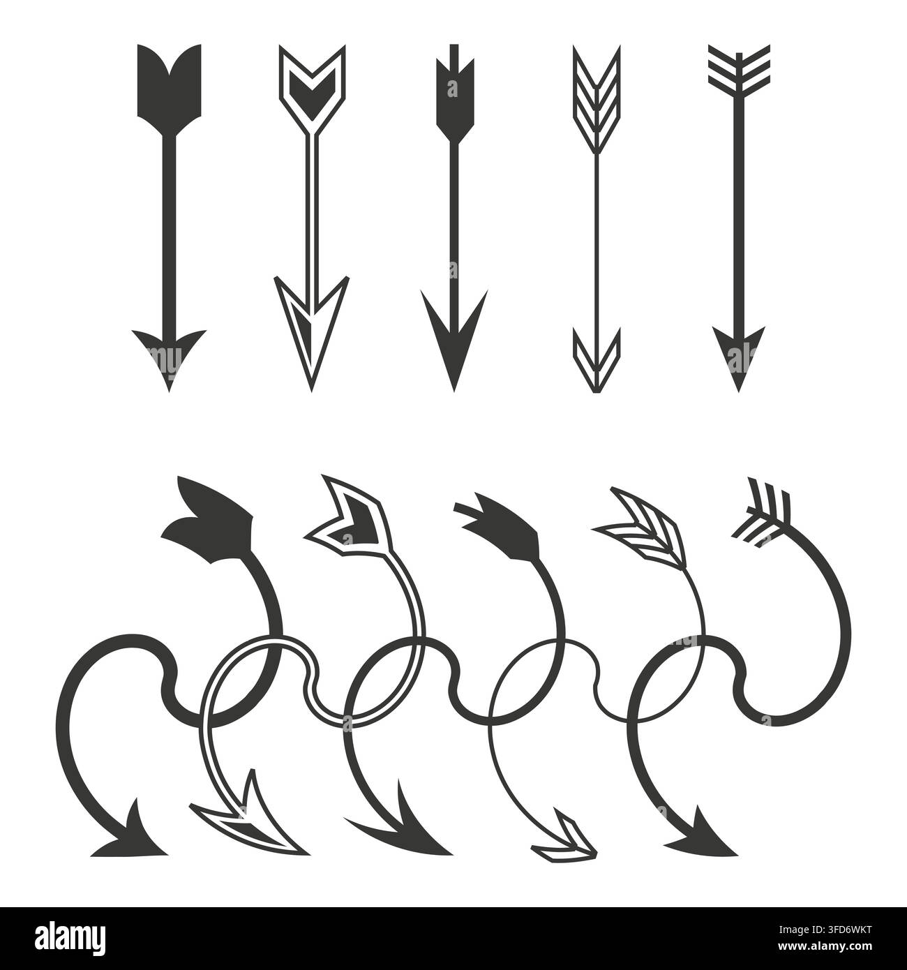 Curly arrow direction sign vector set features swirl navigation pointer. It visualizes creative travel route concept eps 10 Stock Vector