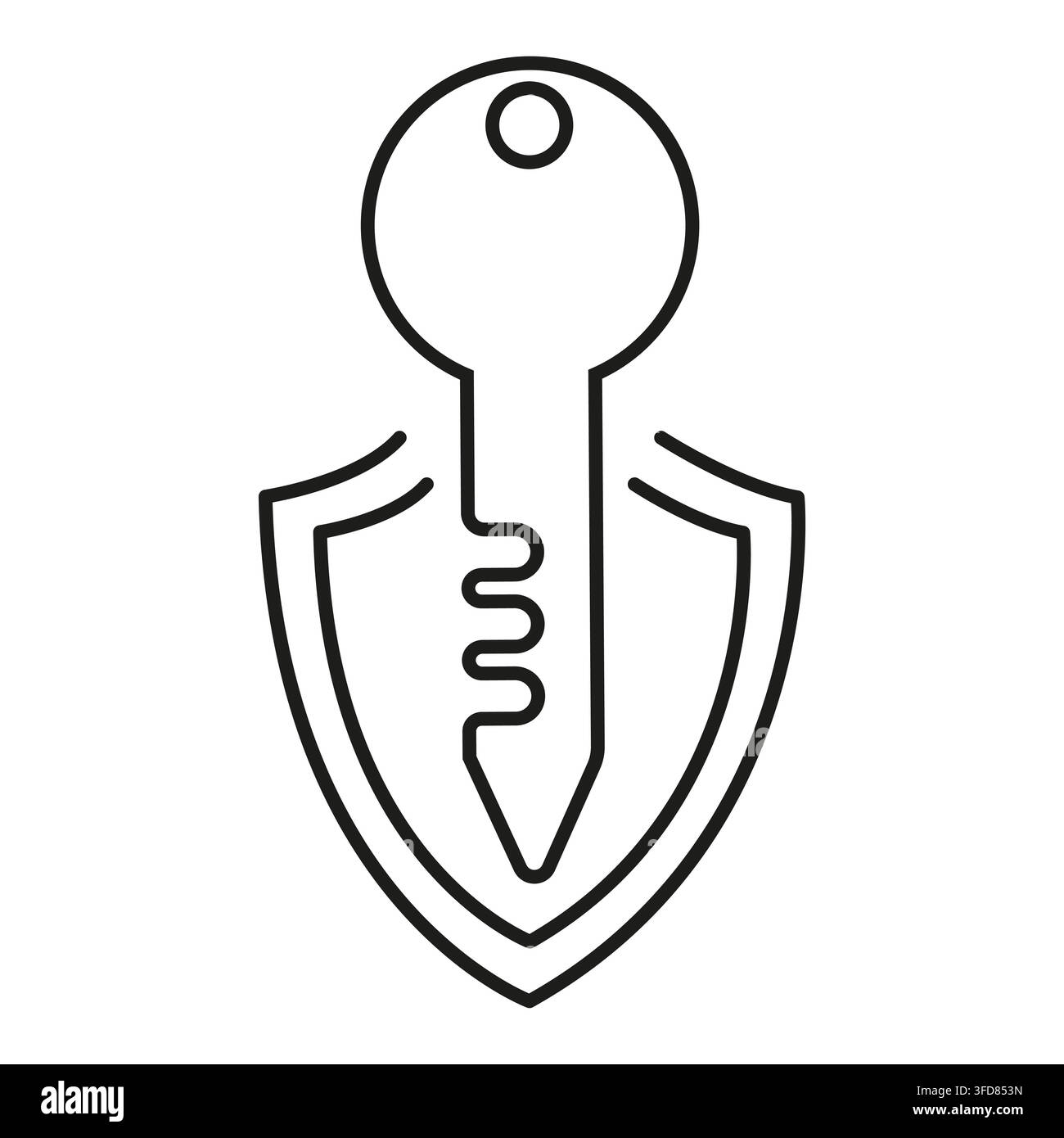 Door key inside security defense shield black vector line icon Stock Vector