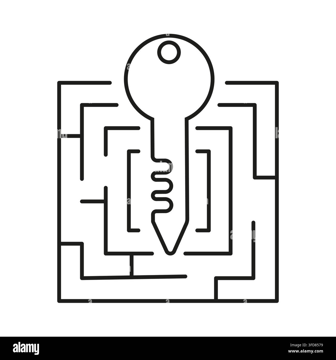 Door key inside square maze labyrinth black vector line icon Stock Vector