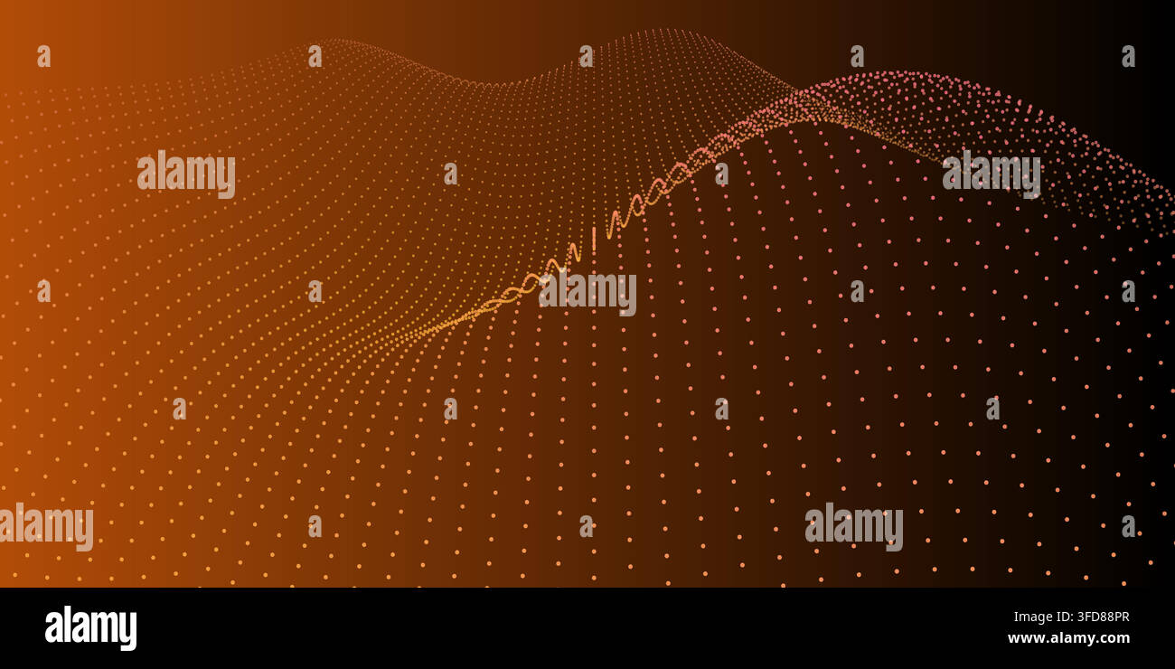 Abstract digital landscape with flowing particles and wave patterns on a dark orange gradient background Stock Vector