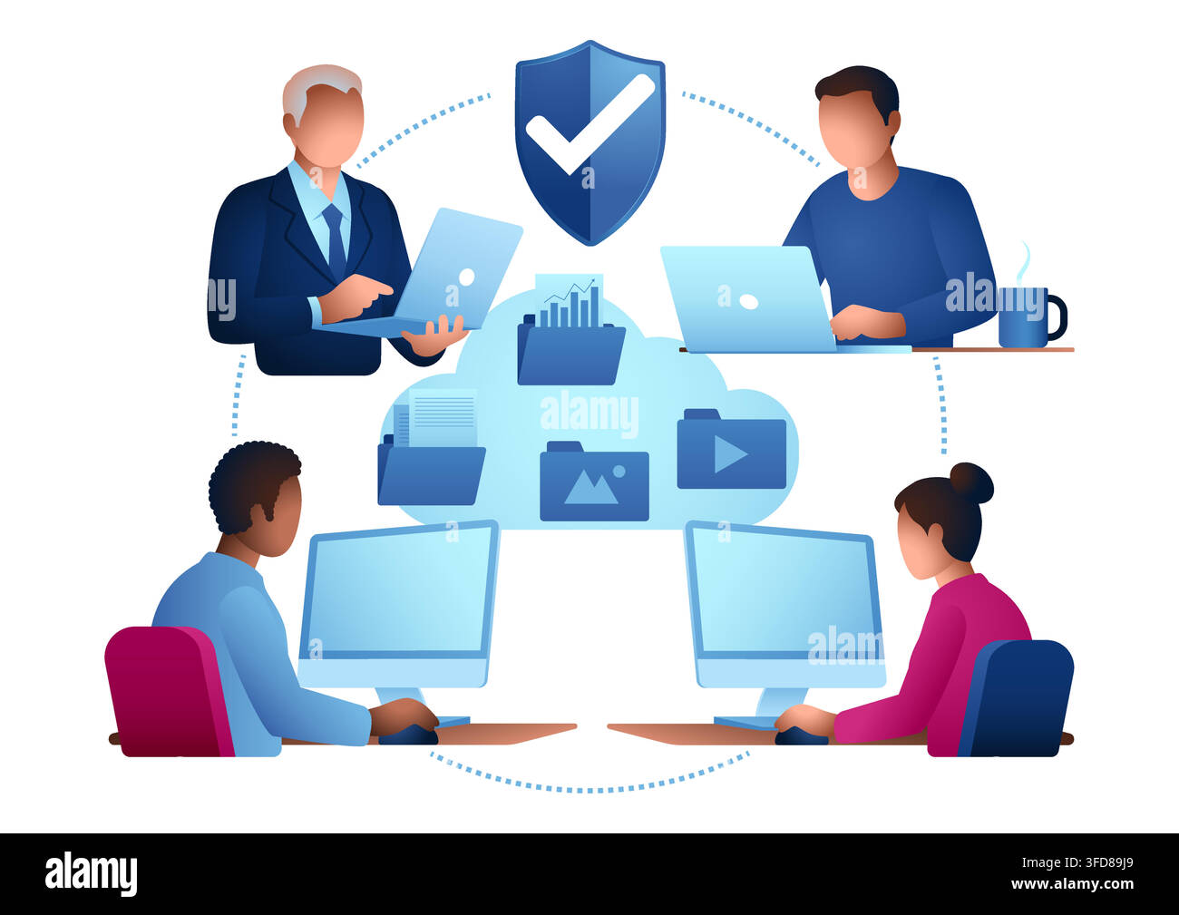Secure Cloud Collaboration Illustration, Team File Sharing, Cloud Storage, Remote Collaboration, Cloud Workspace and Data Security Concept Stock Vector