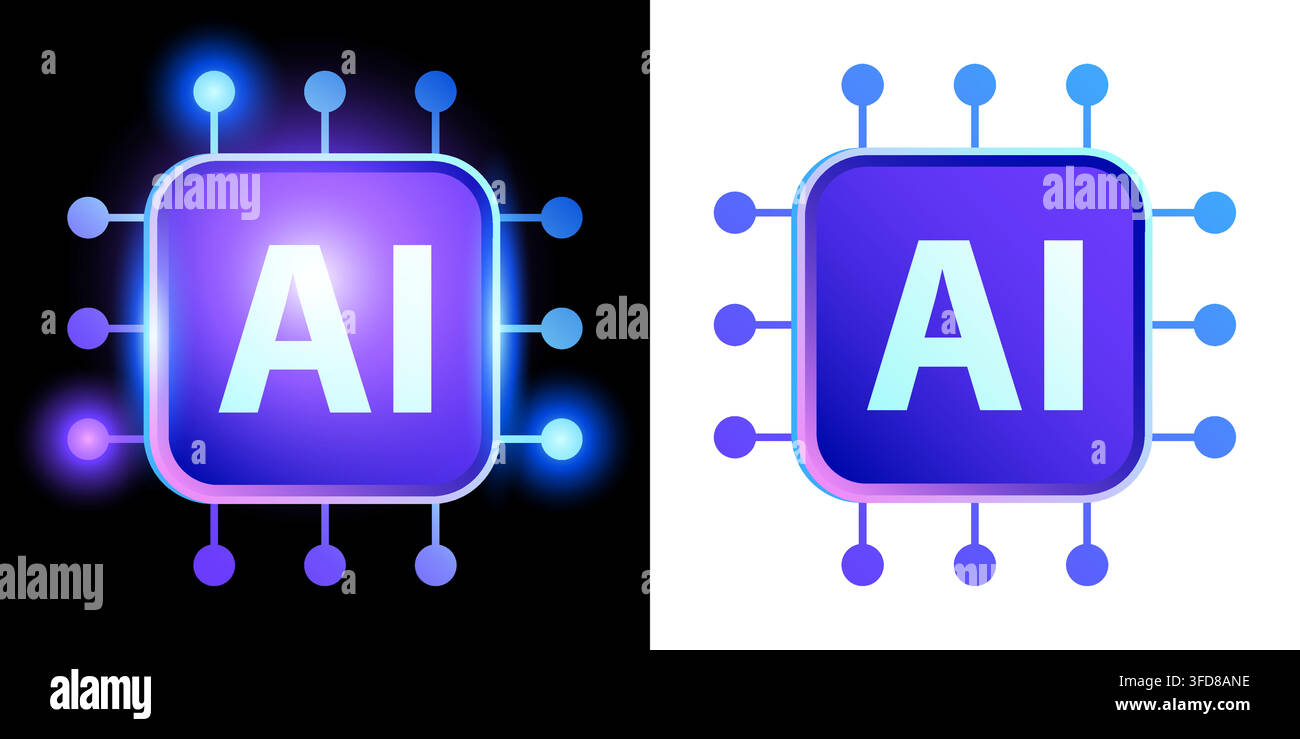 Modern artificial intelligence chip icon, machine learning processor symbol, technology illustration Stock Vector