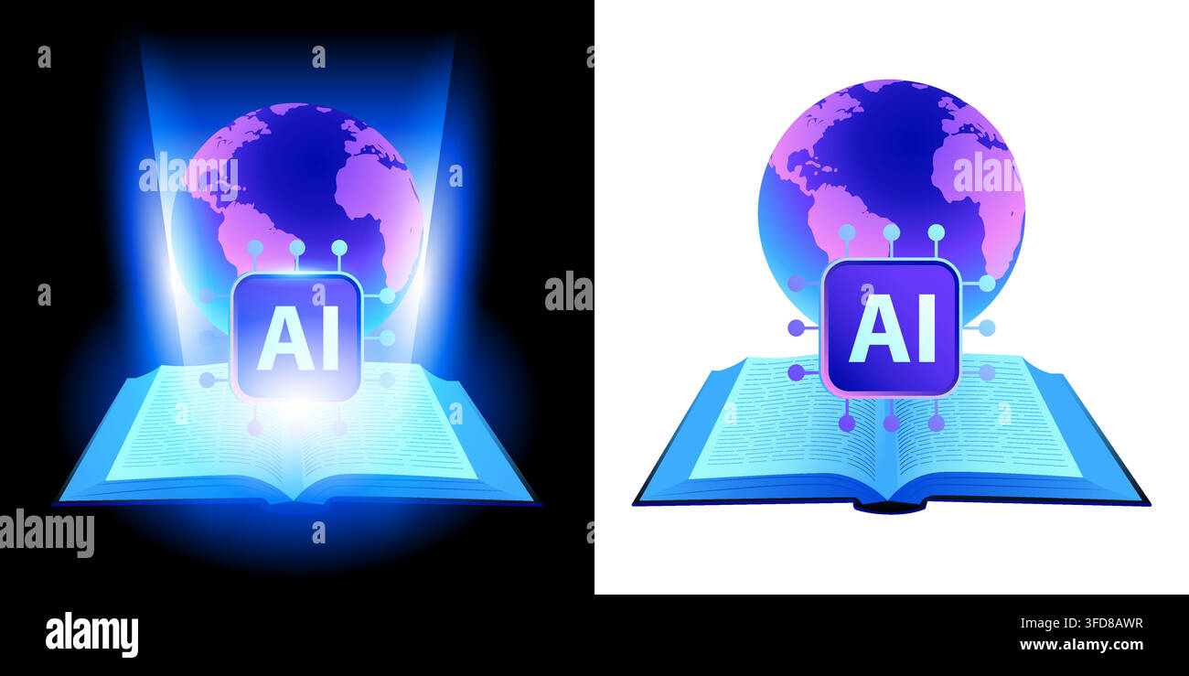 AI Global Education Icon, Artificial Intelligence Learning Technology, Worldwide Knowledge Sharing, Digital Learning Platform Symbol Stock Vector
